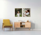 Living room with framed mother-daughter photos above a wooden console.